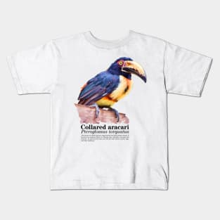 Collared Aracari tropical bird black text Kids T-Shirt